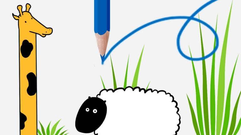 An illustration of a pencil and above a drawing of a sheep and a giraffe

